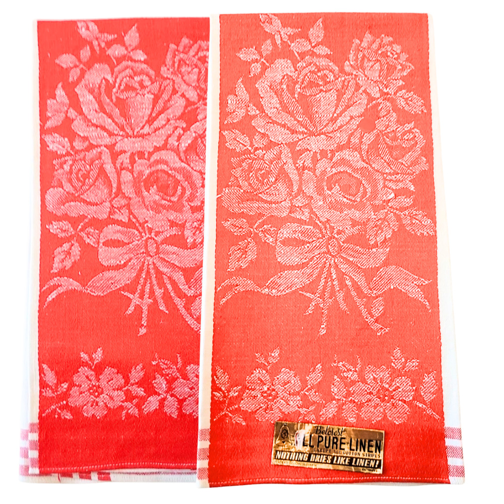 All Pure Linen Brand Pair Of Tea Towels Red With Floral Design
